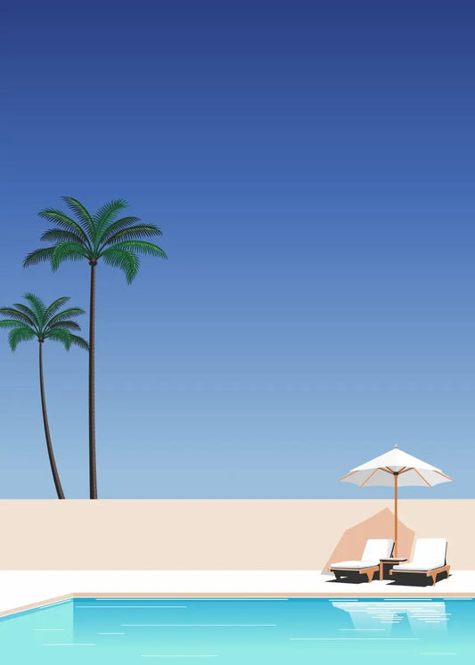 Pool area with lounge chairs, umbrella, and palm trees under a clear blue sky. Canvas & Curio