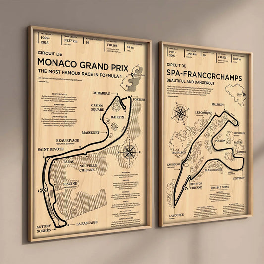 Two framed maps of race circuits on a beige wall. Canvas & Curio