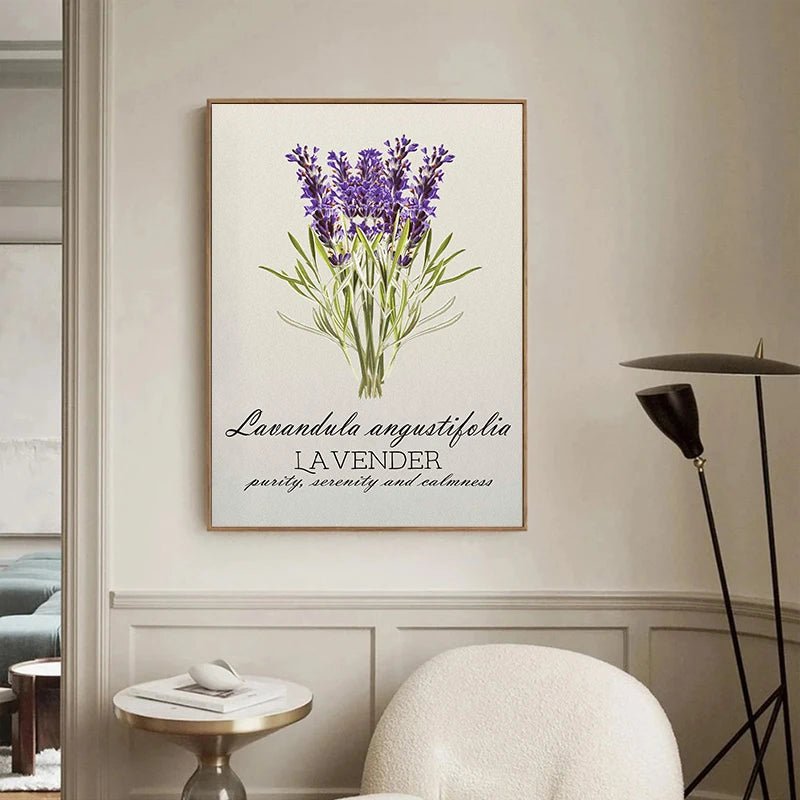 Framed artwork of lavender on a wall in a modern interior setting