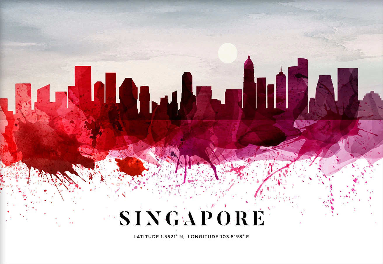 Artistic depiction of Singapore skyline with red and pink watercolor splashes on a light gray background.