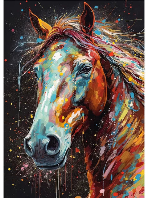 Colorful abstract painting of a horse's head on a dark background