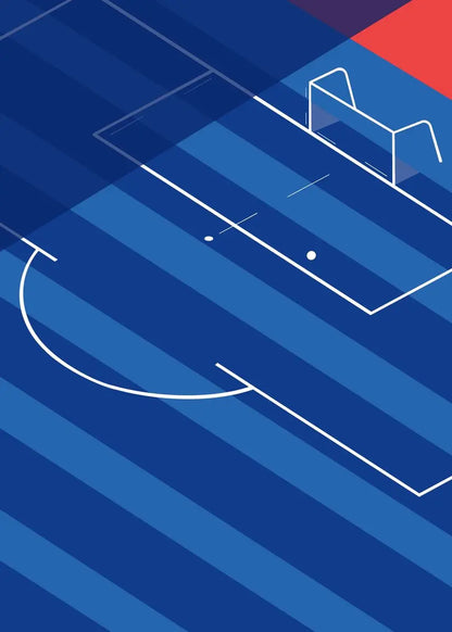 Abstract design with blue stripes and a red square on a blue background