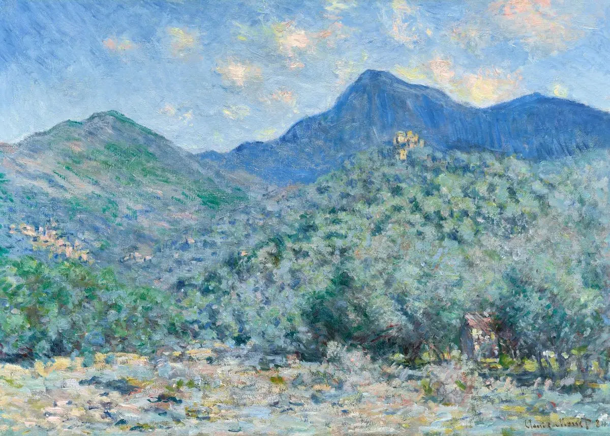 Landscape painting of mountains and valleys with a clear sky