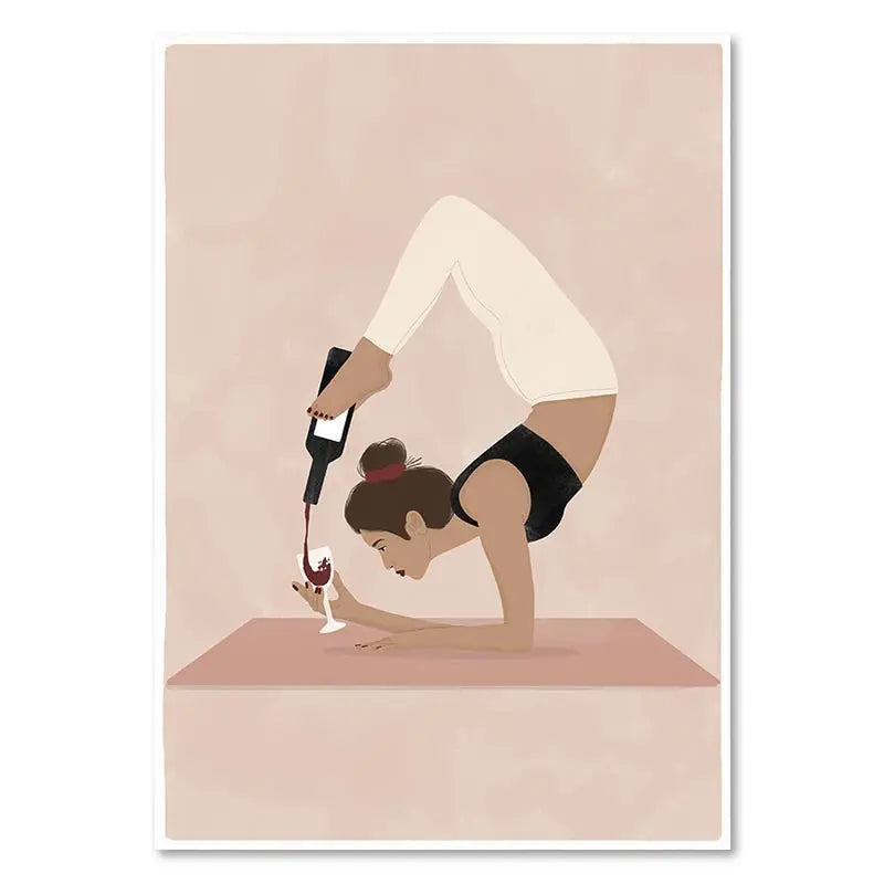 Illustration of a woman in a yoga pose pouring wine, on a beige background