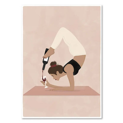 Illustration of a woman in a yoga pose pouring wine, on a beige background