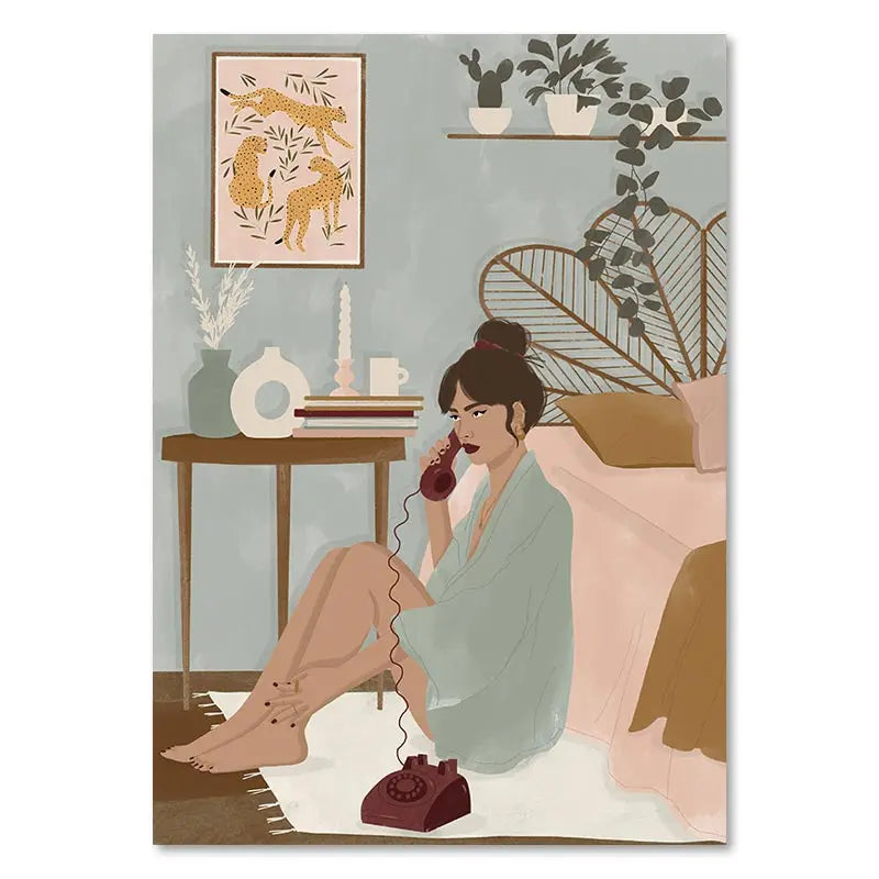 Illustration of a woman sitting on a bed talking on a red phone in a bedroom setting.