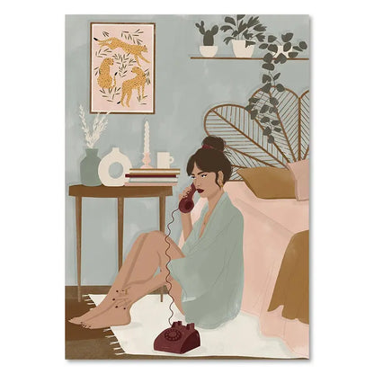 Illustration of a woman sitting on a bed talking on a red phone in a bedroom setting.
