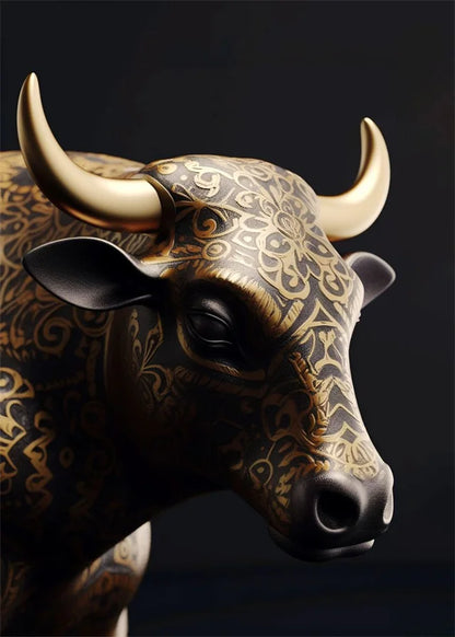 Decorative bull head sculpture with intricate patterns on a dark background