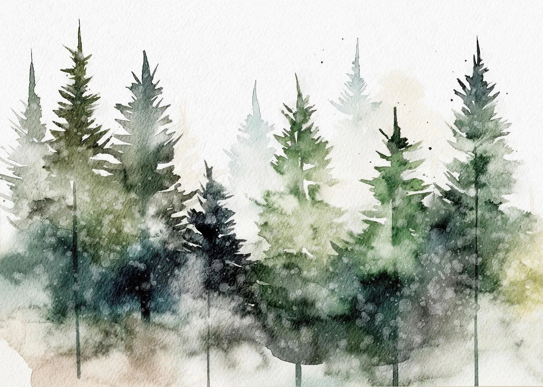 Watercolor painting of a forest with tall trees on a light background