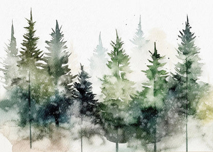Watercolor painting of a forest with tall trees on a light background