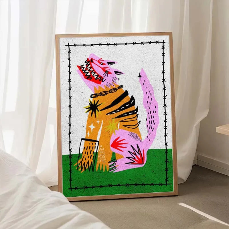 Framed abstract artwork of a tiger on a white wall with curtains