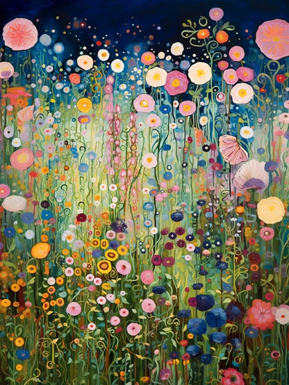 Colorful painting of a field of flowers with a dark blue sky.