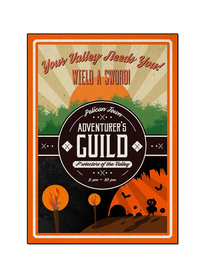 Vintage-style poster for a 'Adventurer's Guild' with text and graphics on a white background.