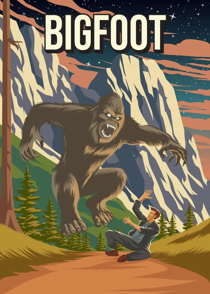 Illustration of a giant creature labeled 'BIGFOOT' in a mountainous landscape.