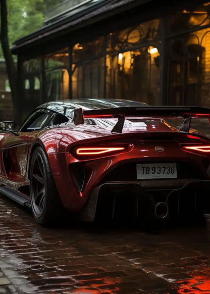 Red sports car with glowing taillights parked on a wet street at night.