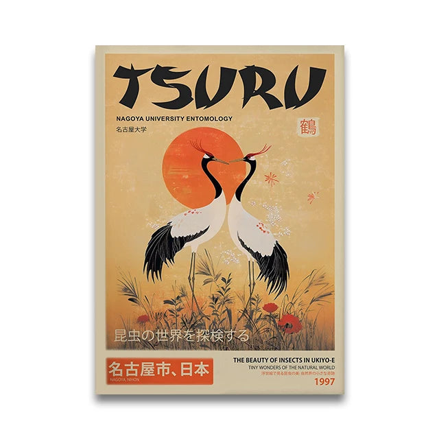 Poster with cranes, sun, and text on a beige background