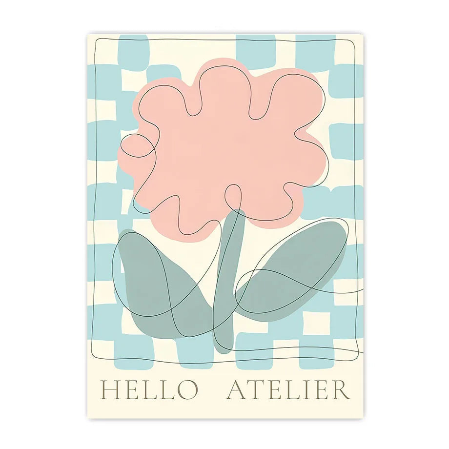 Poster with a pink flower and blue leaves on a checkered background, featuring 'Hello Atelier' text.
