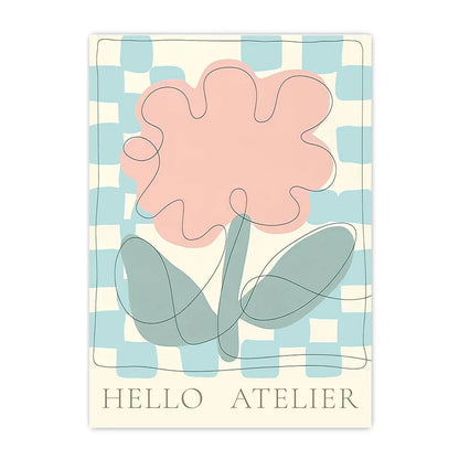 Poster with a pink flower and blue leaves on a checkered background, featuring 'Hello Atelier' text.