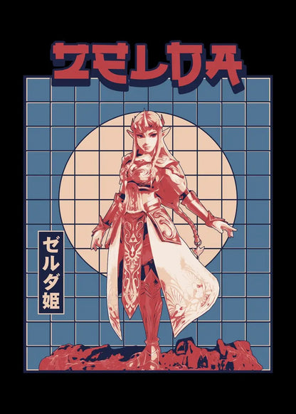 Character from 'The Legend of Zelda' with grid background and 'Zelda' text at the top.