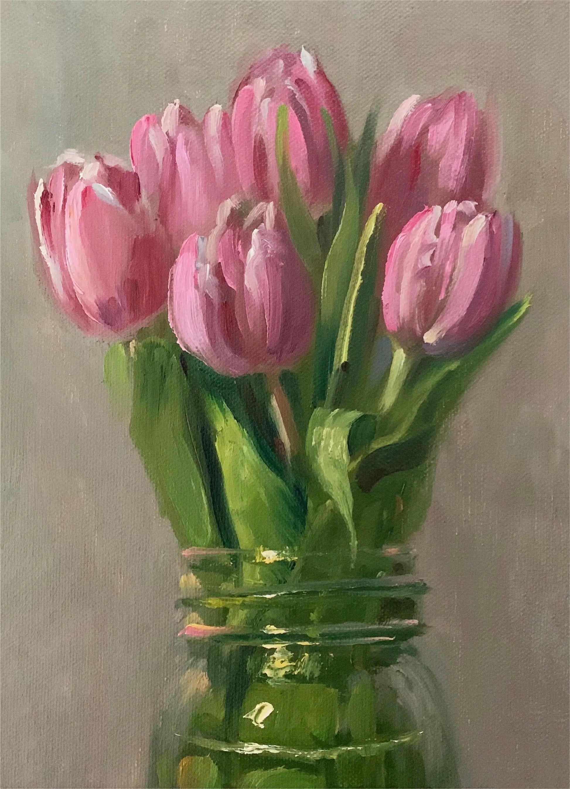 Painting of pink tulips in a glass jar against a neutral background