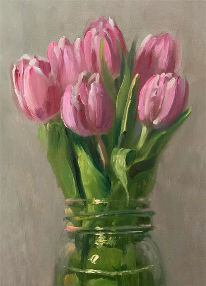 Painting of pink tulips in a glass jar against a neutral background