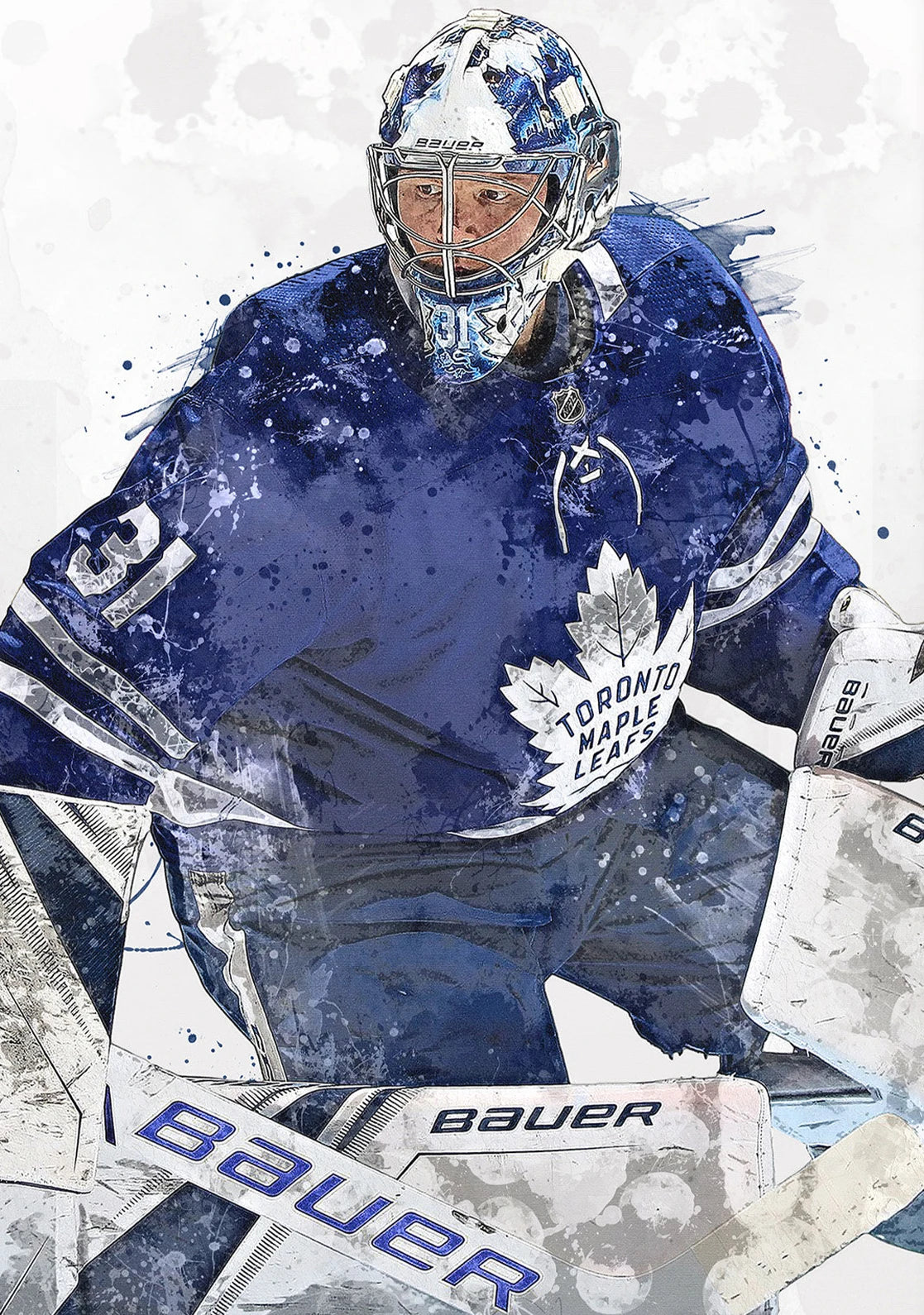 Hockey player in Toronto Maple Leafs uniform with Bauer equipment on a white background