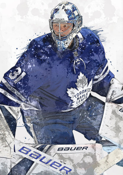 Hockey player in Toronto Maple Leafs uniform with Bauer equipment on a white background