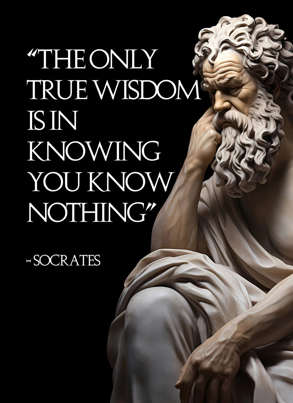 Statue of a philosopher with a quote by Socrates on a black background