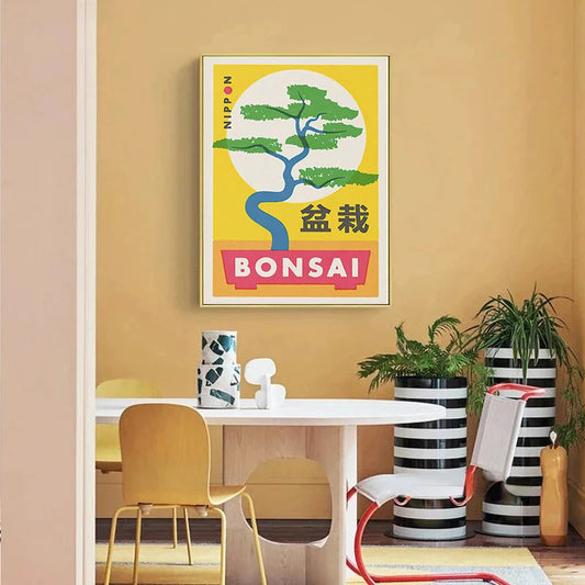 Dining area with a 'Bonsai' themed wall art print on a yellow wall. Canvas & Curio