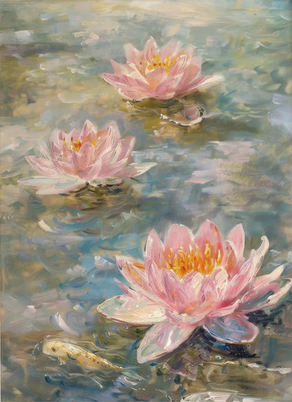 Painting of pink water lilies on a pond with a fish.