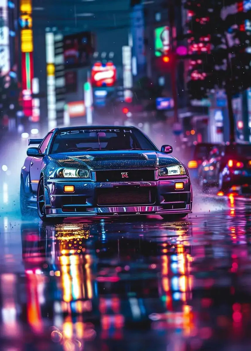 Nissan GT-R in a city street with neon lights