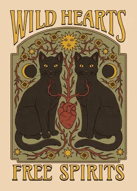 Decorative poster with two black cats, a heart, and celestial elements on a beige background.