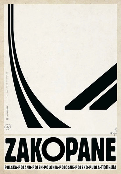 Poster with stylized text and black lines on a white background, featuring the word 'Zakopane'.