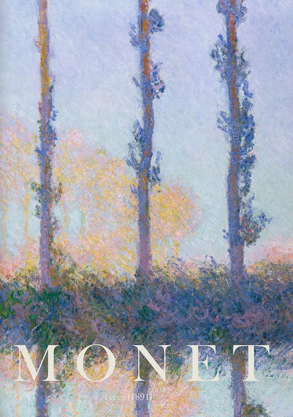 Painting of poplars by Monet with a soft focus effect
