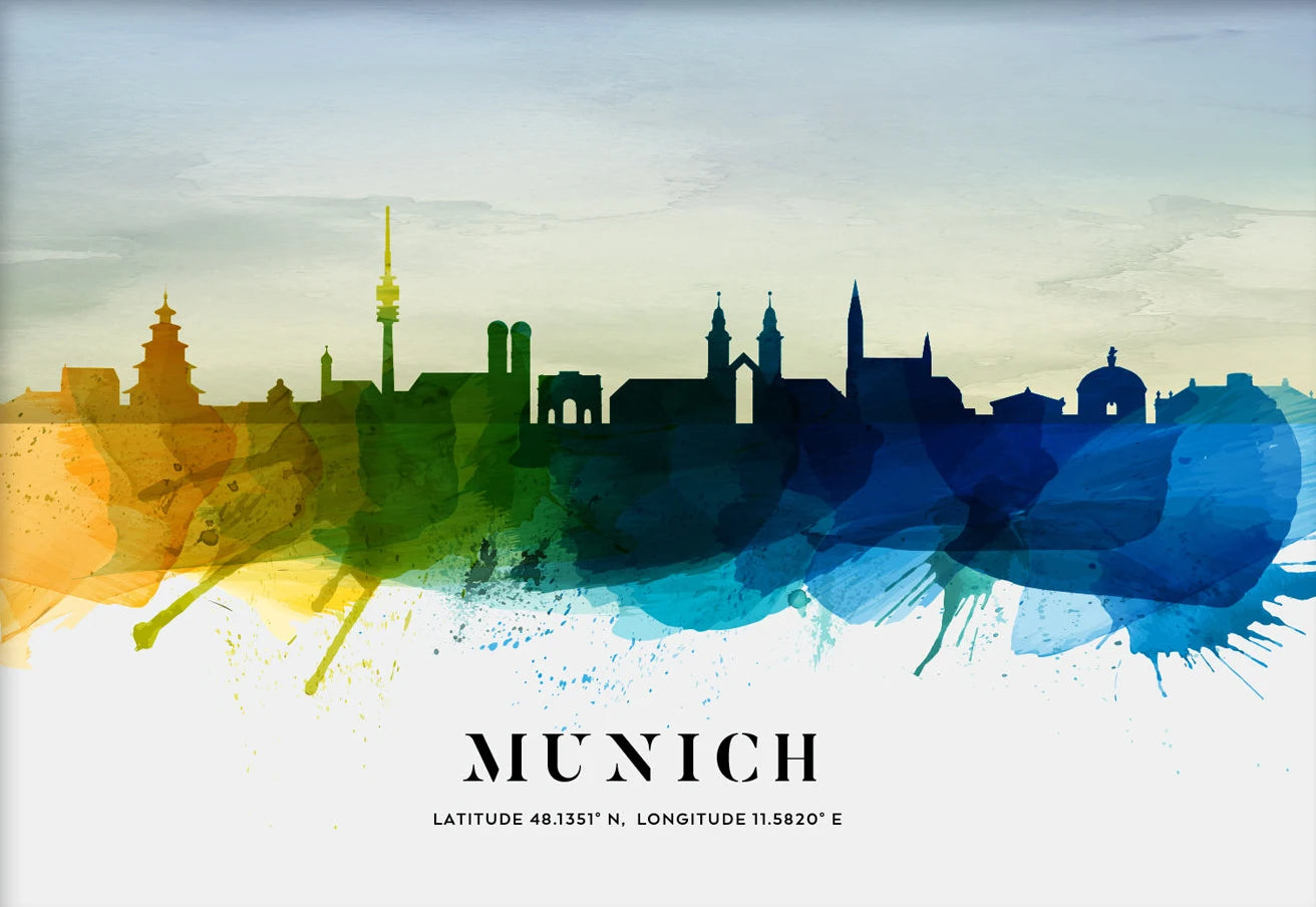 Colorful abstract skyline of Munich with text and coordinates.