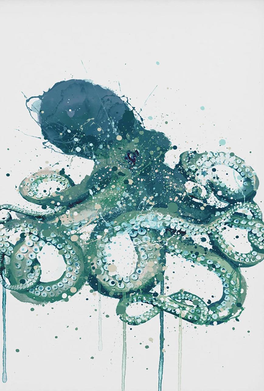 Artistic depiction of an octopus with a watercolor texture on a light background