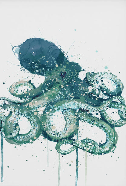 Artistic depiction of an octopus with a watercolor texture on a light background