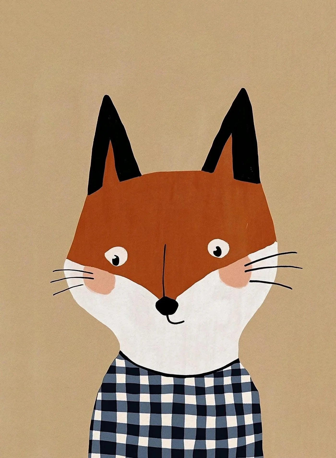 Illustration of a fox wearing a checkered shirt on a beige background