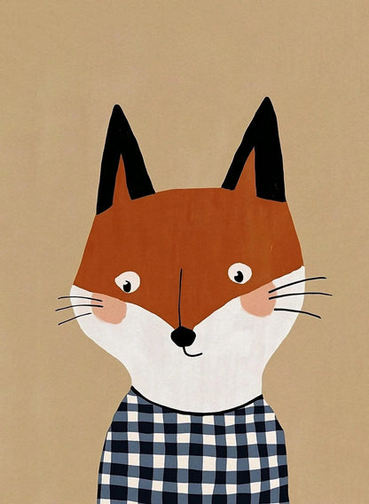 Illustration of a fox wearing a checkered shirt on a beige background