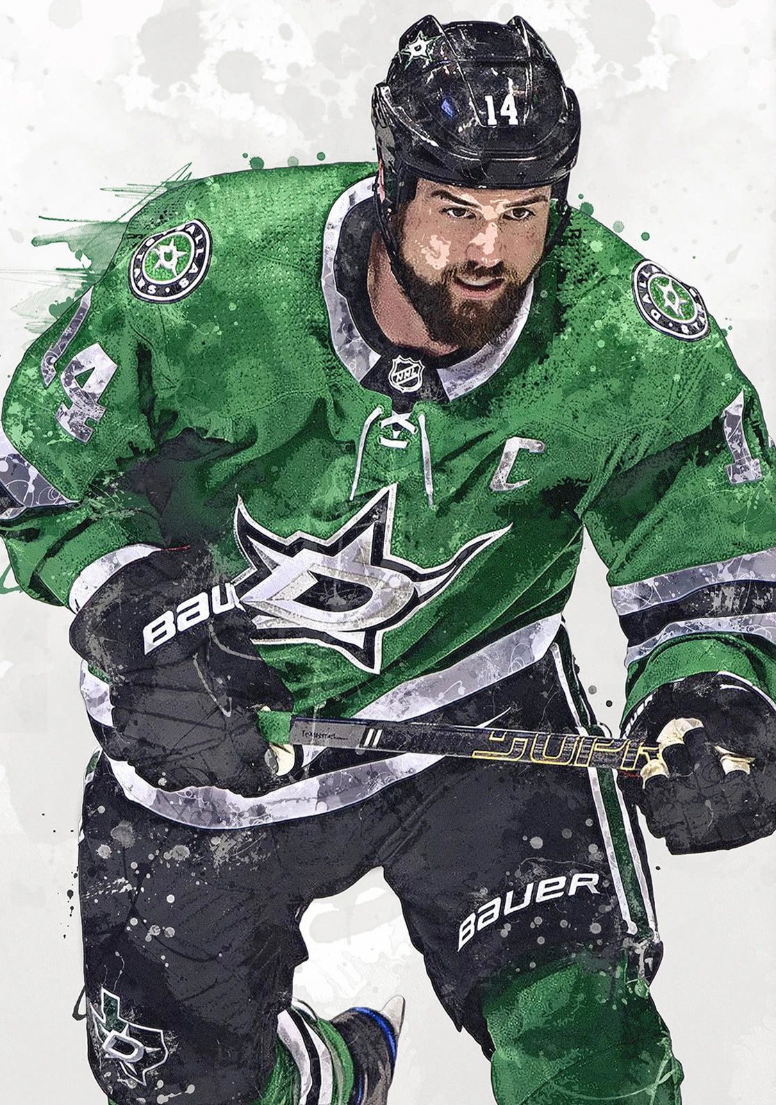 Hockey player in a green uniform with a star logo on a white background
