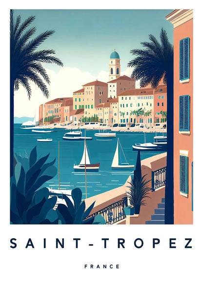Illustration of Saint-Tropez with buildings, boats, and palm trees.