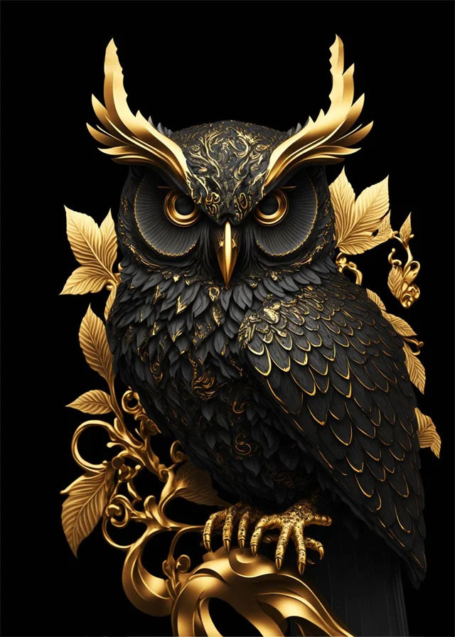 Decorative owl with gold accents on a black background