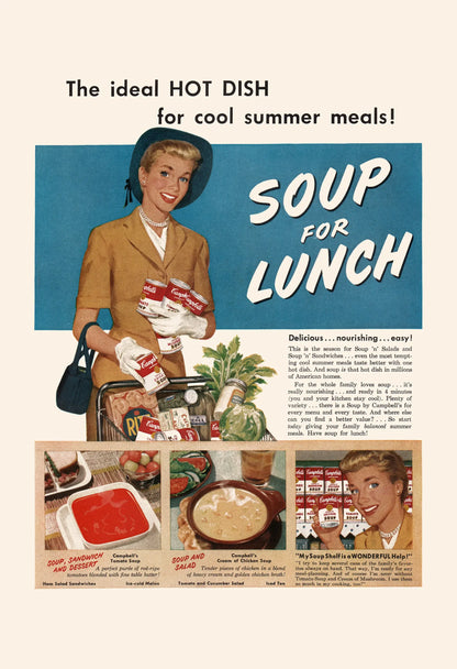 Vintage advertisement for soup, featuring a woman with shopping cart and food items, with text about soup for lunch.
