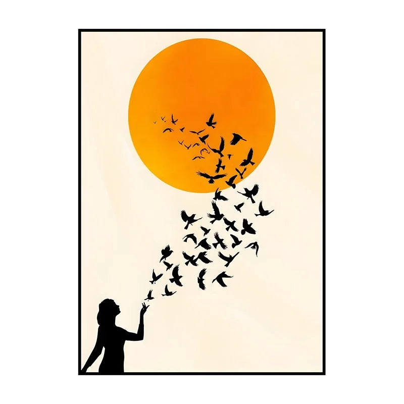 Framed artwork with silhouette of a person releasing birds into an orange circle on a beige background