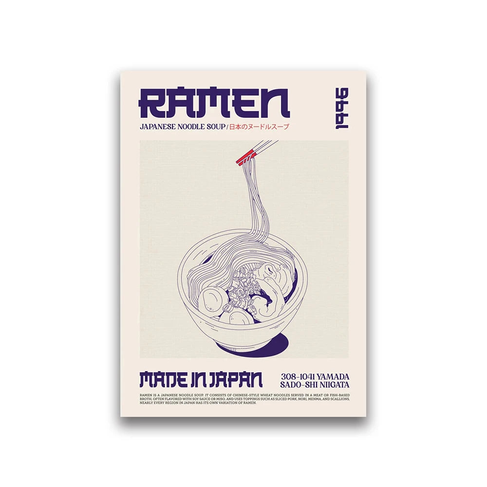 Poster of a bowl of ramen with text about Japanese noodle soup on a beige background
