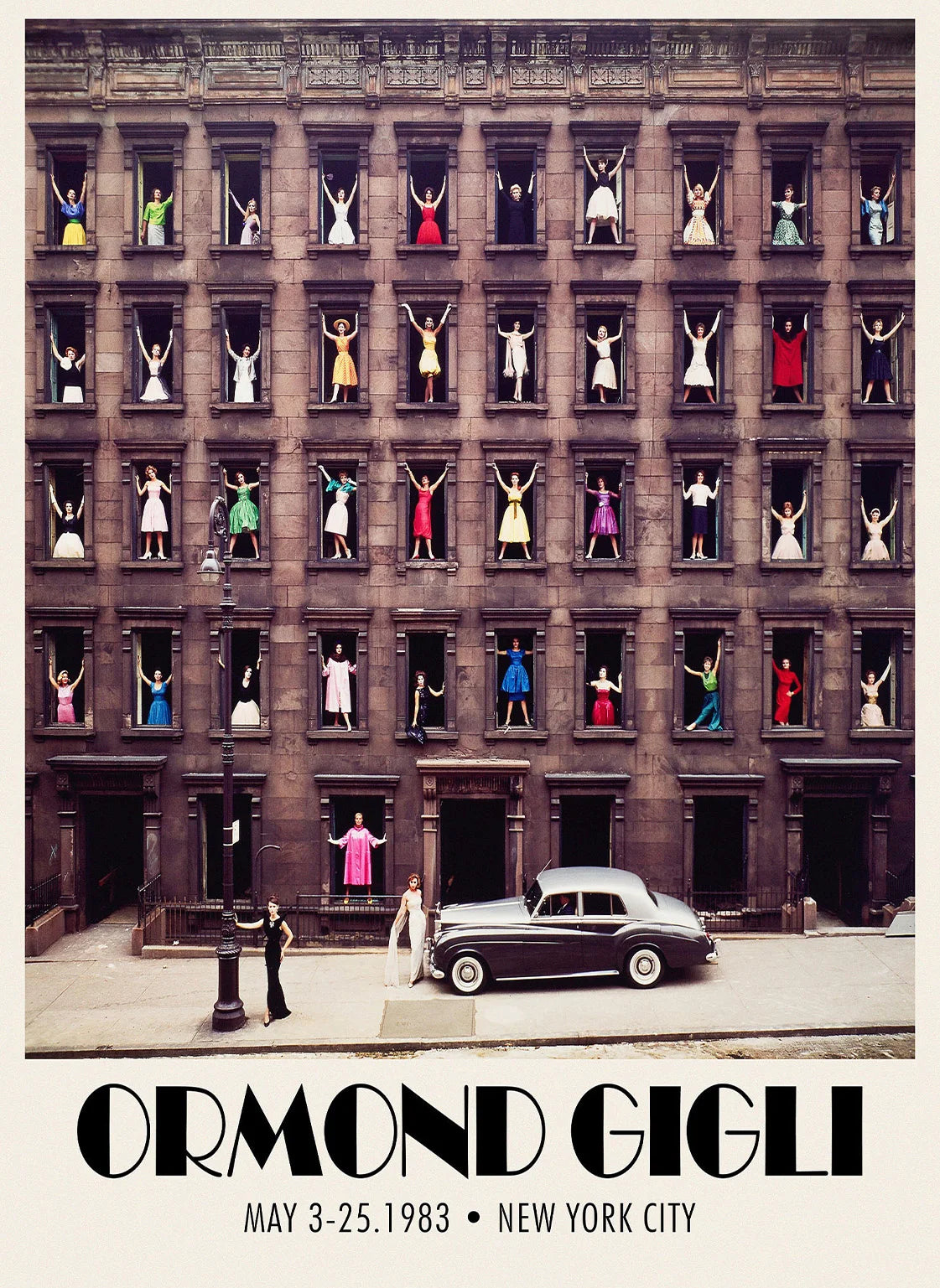 Vintage-style poster of a building facade with people in windows, featuring the name 'Ormond Gigli' and event details.