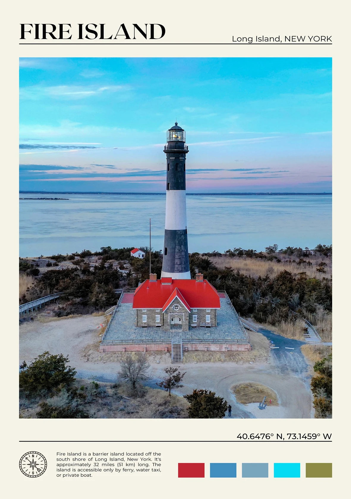 Lighthouse on Fire Island, Long Island, New York with a scenic ocean view.