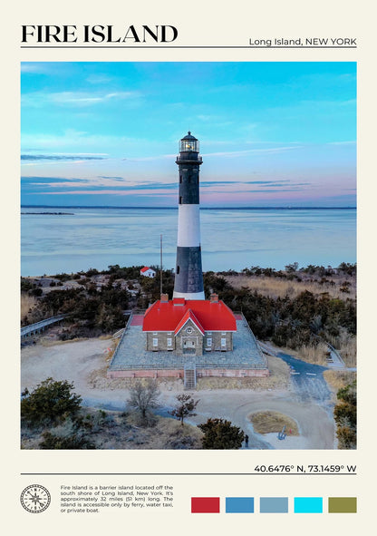Lighthouse on Fire Island, Long Island, New York with a scenic ocean view.