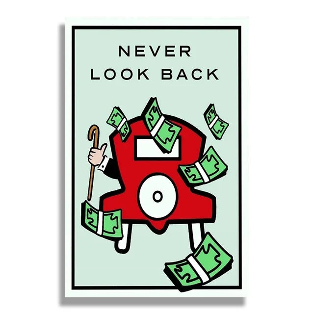 Illustration of a red character with money around it and 'Never Look Back' text on a light green background