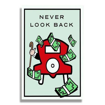 Illustration of a red character with money around it and 'Never Look Back' text on a light green background
